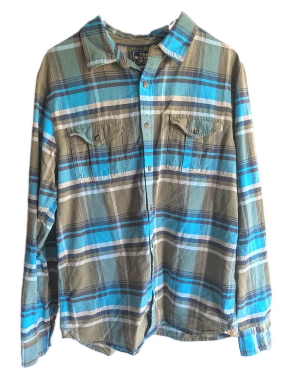 Northface Flannel Long Sleeve Plaid Button Up Shirt Men Size Large Blue & Olive